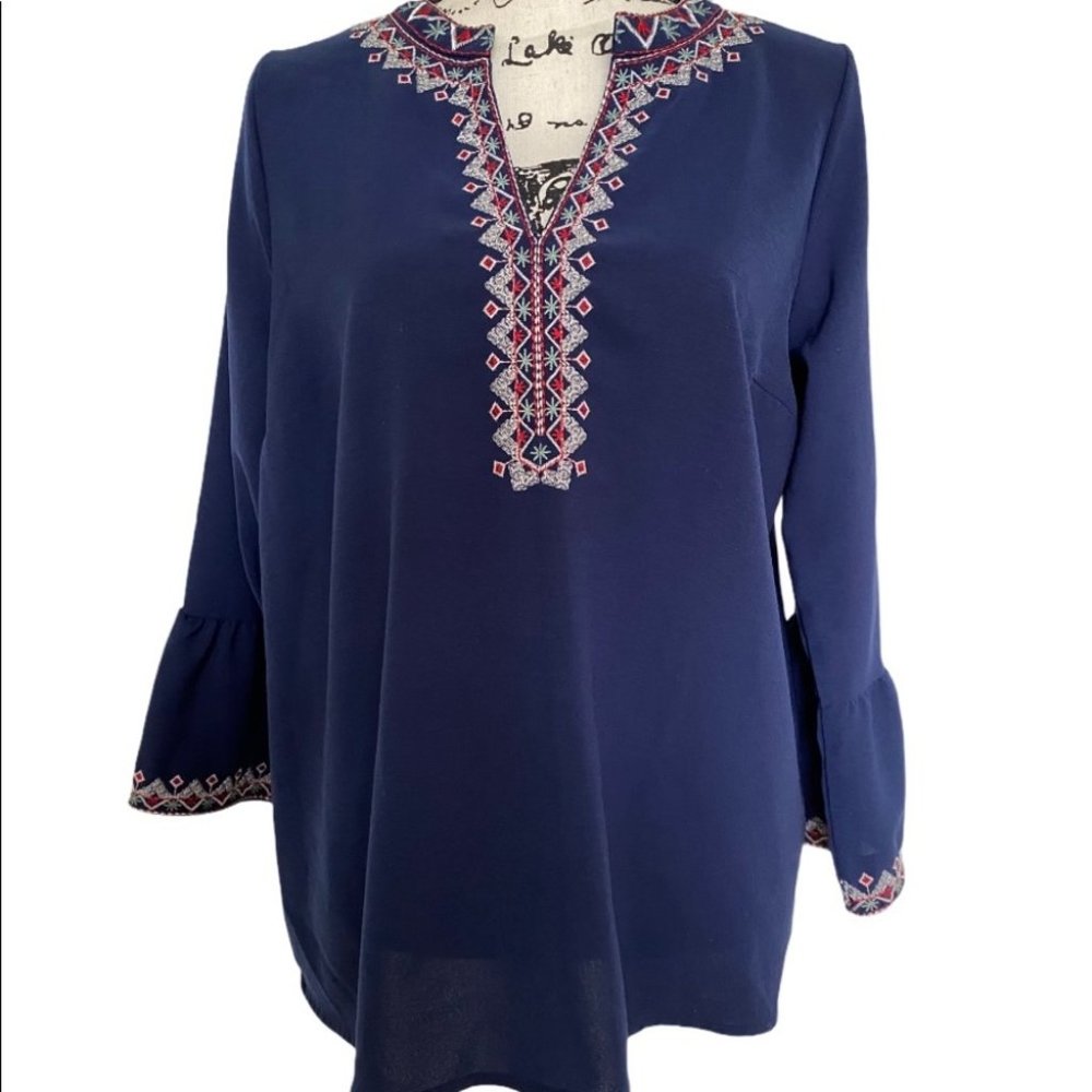 Navy Blue Peasant Tunic Blouse Top Embroidered Trimmed V-neck Bell Sleeves Sz L